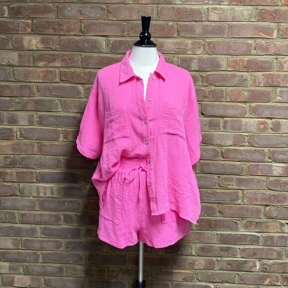 She + Sky Pink Gauze Button Down & Short Set Size Small NEW - Picture 2 of 11